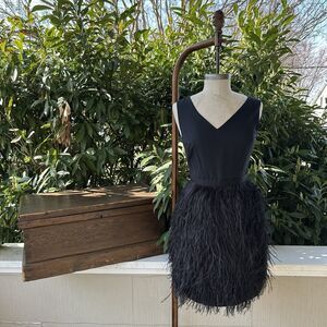 Miss Wu Black Silk Feather Trim Cocktail Dress Glam Art Deco Size 0